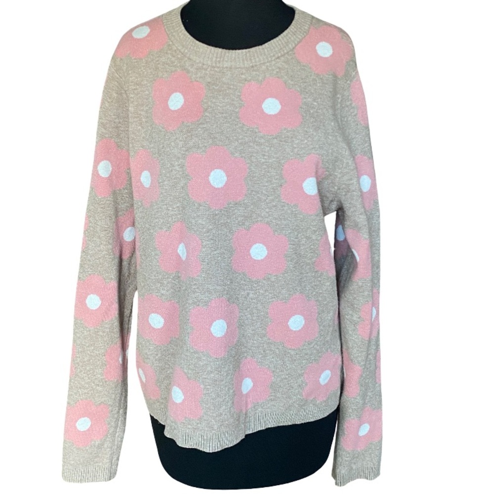 Cynthia Rowley pink floral oatmeal pullover cozy crewneck sweater size XL